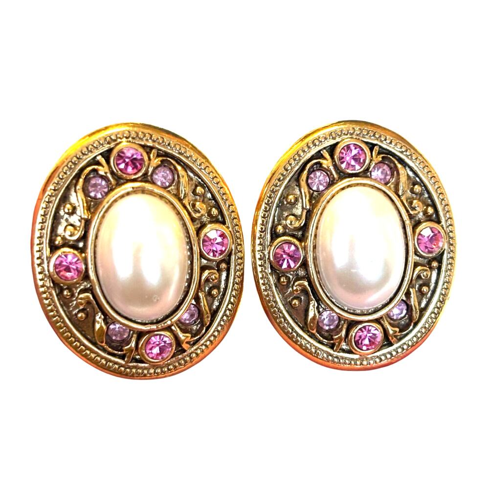 Vintage Clip on earrings goldtone ovals faux pearl & pink rhinestones dressy